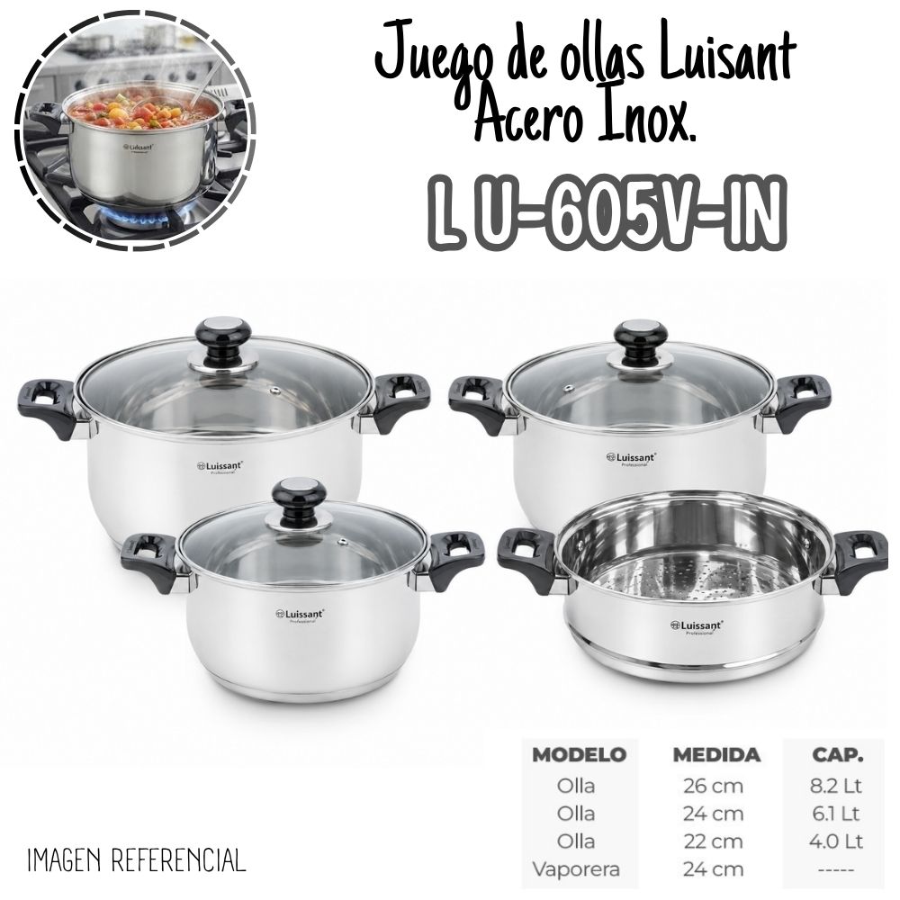 JUEGO DE OLLAS ACERO INOXIDABLE LUISSANT 7 PZS LU-605V-IN – NEGRO - 1