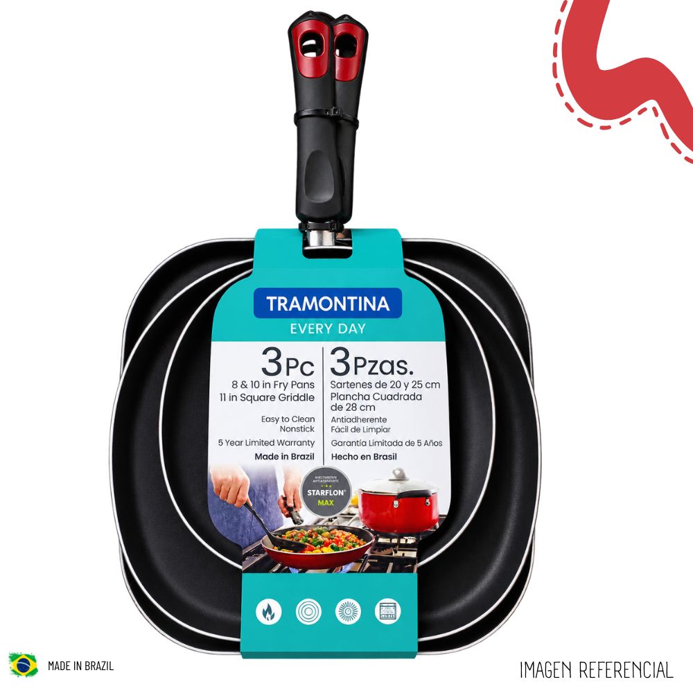SET DE SARTENES TRAMONTINA DE 3 PZAS CUADRADO – ROJO - 6