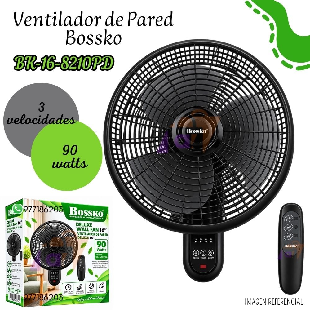 VENTILADOR DE PARED BOSSKO 16” CON CONTROL REMOTO BK-16-8210PD – NEGRO - 1