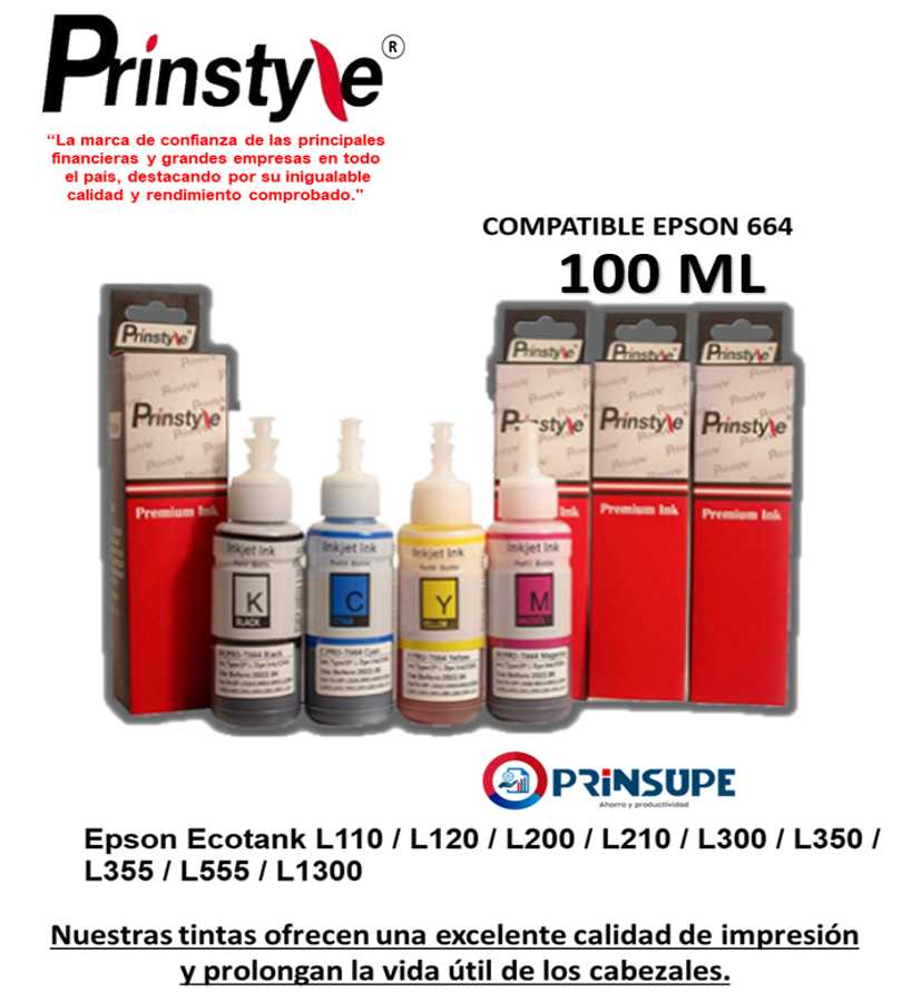 PACK TINTAS COMPATIBLE CON EPSON 664 100ML PRINSTYLE (4 COLORES) - 1