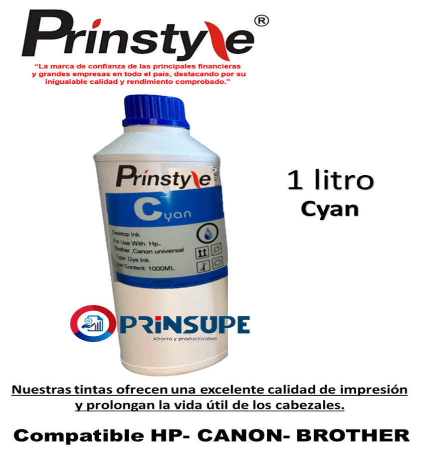 TINTAS PRINSTYLE CIAN 1 LITRO UV COMPATIBLE HP-CANON-BROTHER - 1