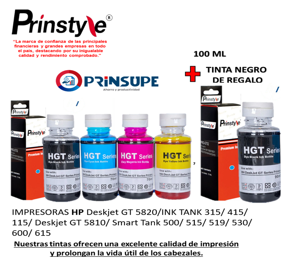 KIT DE TINTAS PRINSTYLE HP GT52 GT53 (4 COLORES + 1 NEGRA DE REGALO) - 1