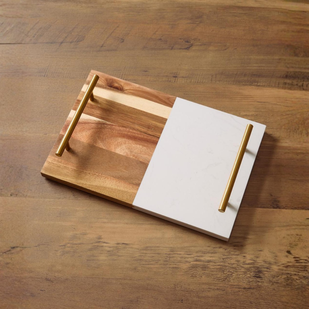 AZAFATE DE MADERA Y MÁRMOL CON ASAS DORADAS 30X20CM - 1