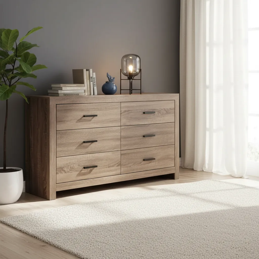 COMODA BRANT 6 CAJONES TIRADORES NEGROS MUEBLE ROBLE NORDICO 83X148CM - 1