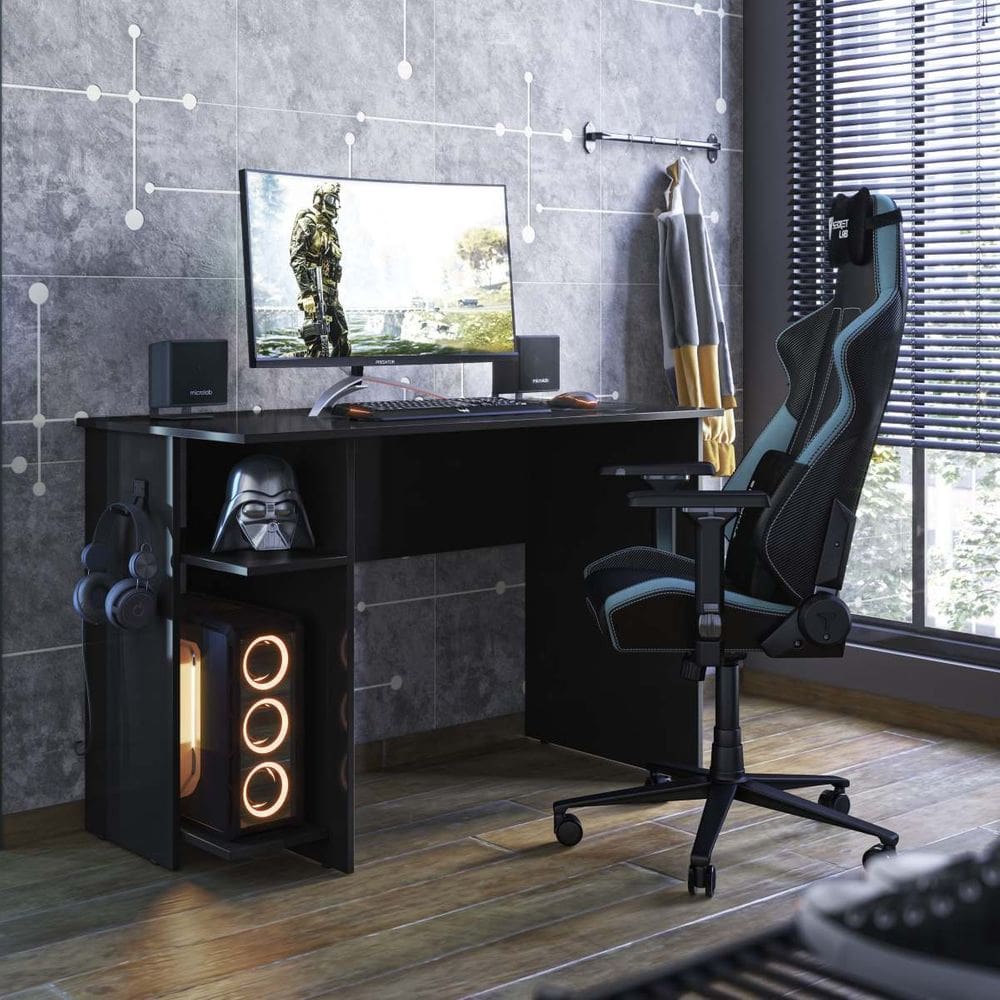 ESCRITORIO GAMER CON 2 ESTANTES COLOR NEGRO 75X114CM - 3