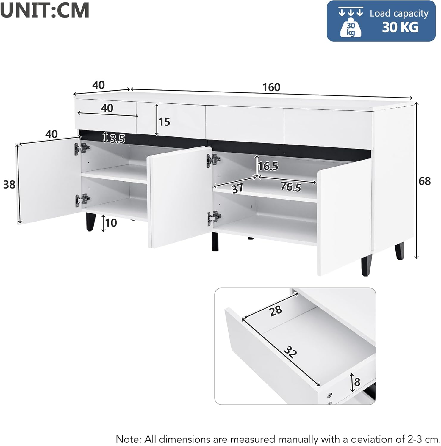 APARADOR DNS 4 CAJONES 2 PUERTAS ESTANTES  BLANCO 160 CM - 3
