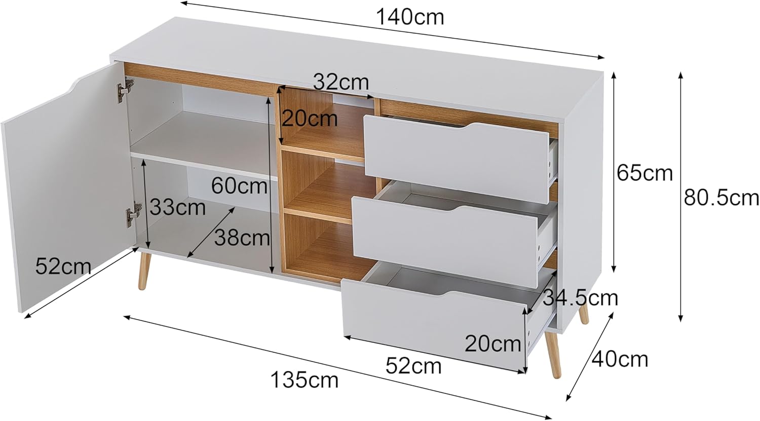 APARADOR DNS 4 CAJONES 2 PUERTAS ESTANTES  BLANCO 160 CM - 8