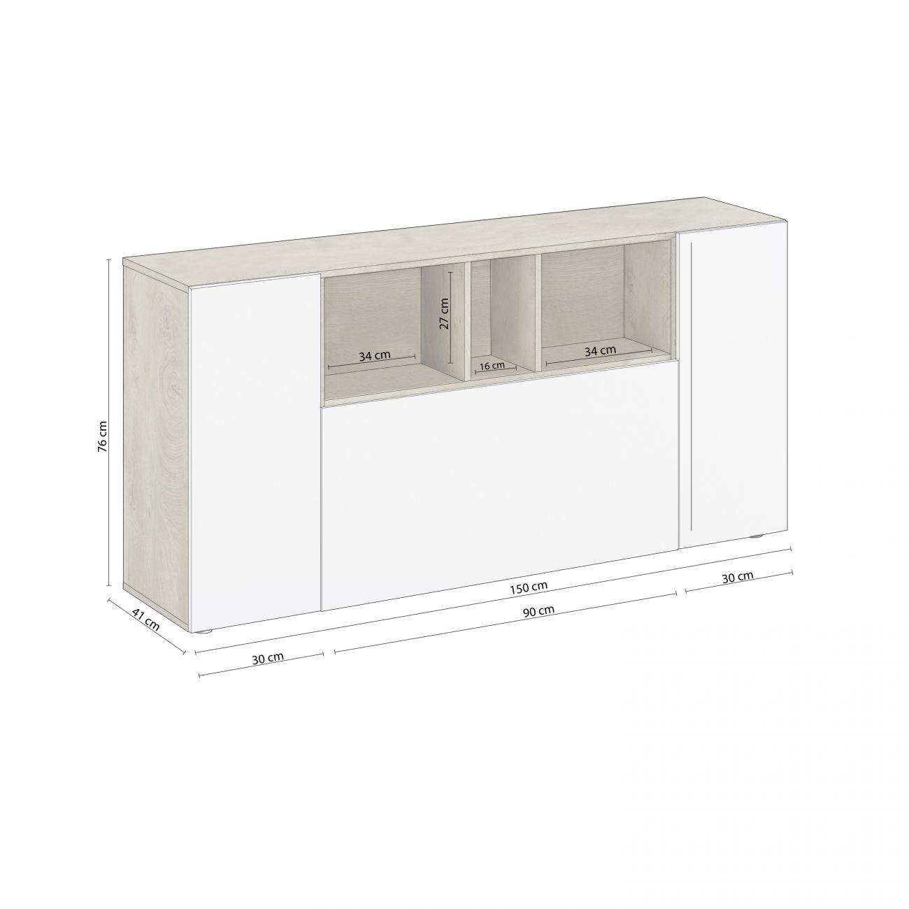 APARADOR CAMILE 3 PUERTAS ESTANTES BLANCO GRIS 150 CM - 7