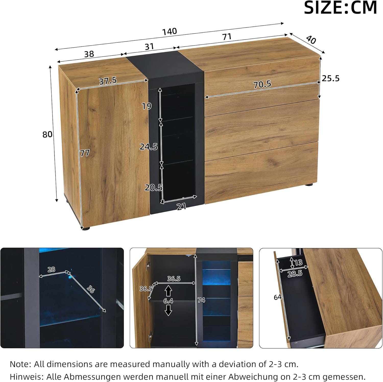 APARADOR MICER 3 CAJONES 1 PUERTA ESTANTES ABIERTOS DUNA NEGRO 140 CM - 8