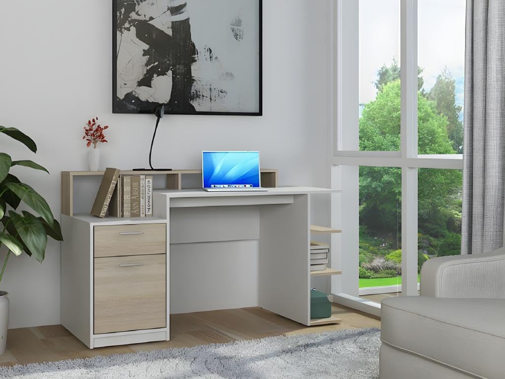 ESCRITORIO BENZINO CON CAJÓN 1 PUERTA Y ESTANTES BLANCO ROBLE 138CM - 8