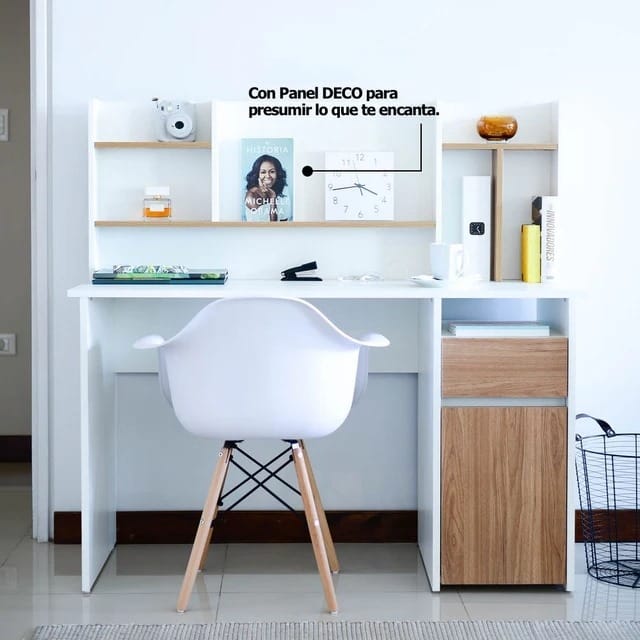 ESCRITORIO PRAGA CON CAJÓN 1 PUERTA LIBRERO COLOR ROBLE Y BLANCO 130CM - 4