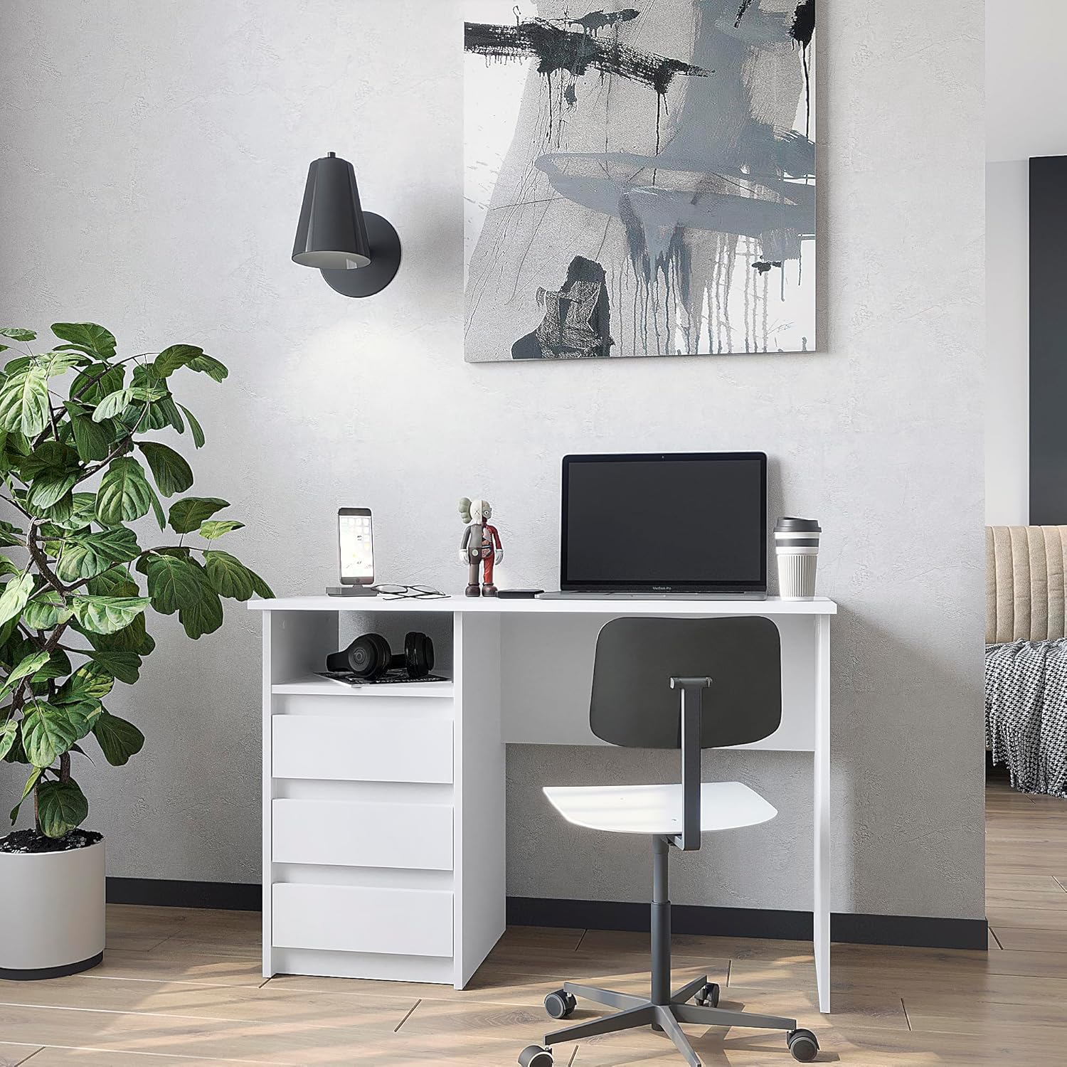 ESCRITORIO LOREZA PARA LAPTOP CON ESTANTE ALTO Y 3 CAJONES BLANCO 110CM - 5