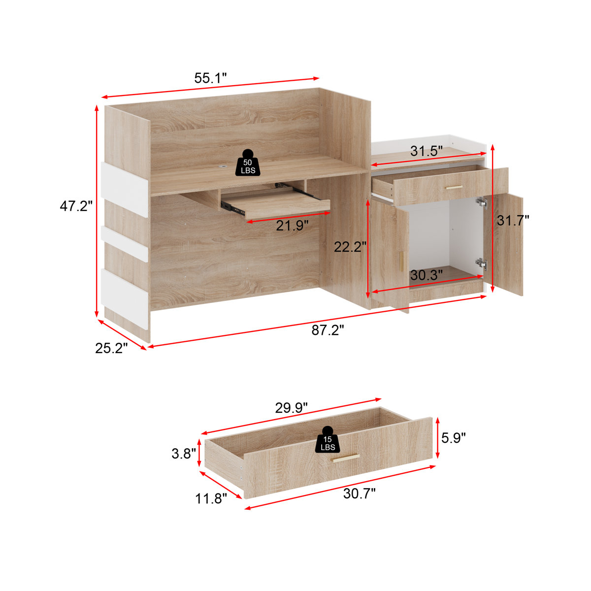 ESCRITORIO DE RECEPCION FANY MODERNO CON CAJON Y GABINETE ROBLE BLANCO 220CM - 9