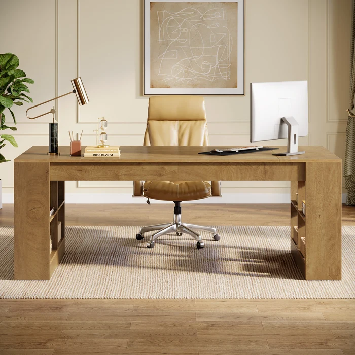 ESCRITORIO EJECUTIVO LINEN PARA PC DE OFICINA CON ESTANTES ROBLE 180CM - 2