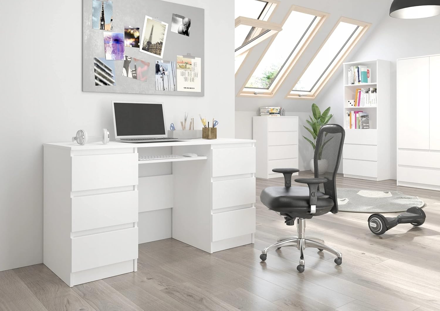 ESCRITORIO RISHON CON 6 CAJONES Y PORTA TECLADO COLOR BLANCO 130X76CM - 1