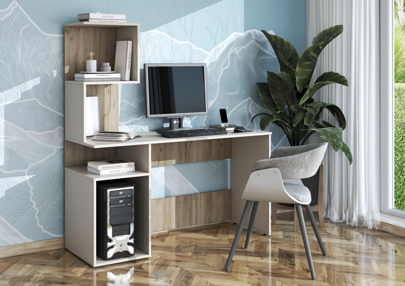 ESCRITORIO LONDEN CON ESTANTES Y PORTA CPU DUNA Y BLANCO 136CM - 1