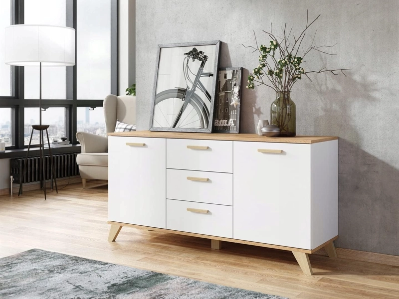 COMODA MEBLO 3 CAJONES 2 PUERTAS BLANCO ROBLE 150CM - 1