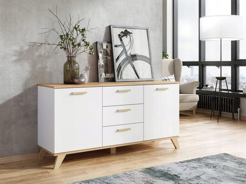 COMODA MEBLO 3 CAJONES 2 PUERTAS BLANCO ROBLE 150CM - 7