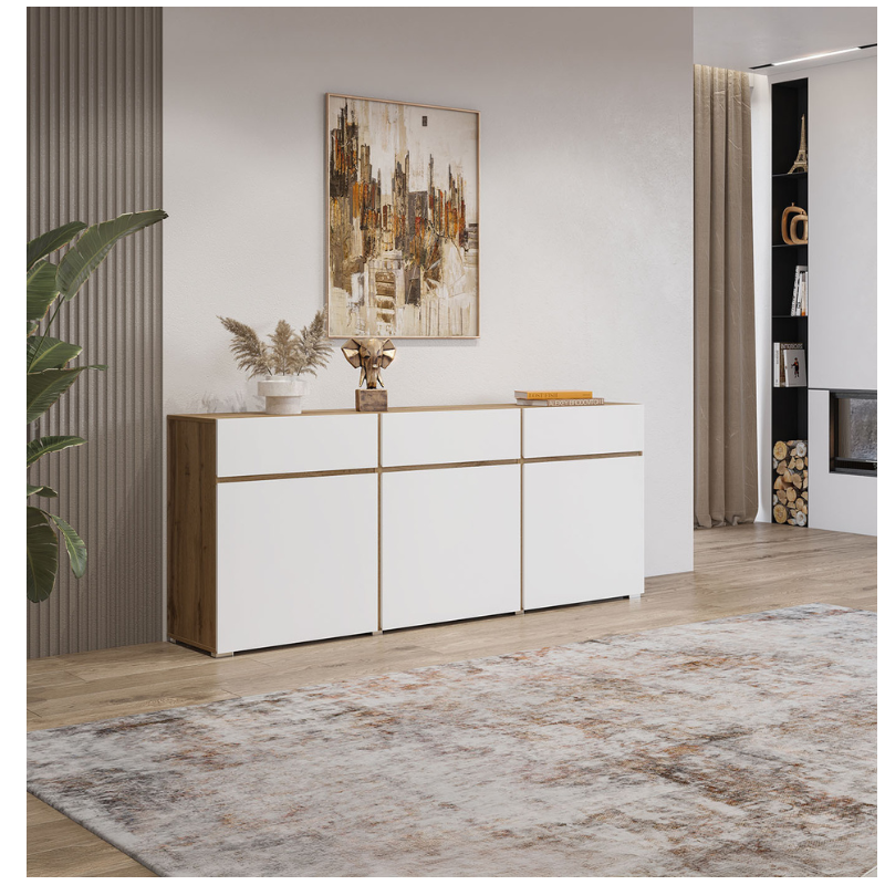 COMODA ELBORA 3 PUERTAS 3 CAJONES  BLANCO Y ROBLE 180CM - 1