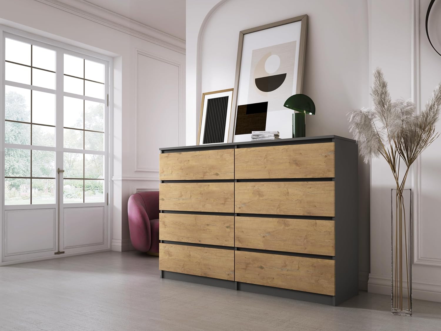 COMODA OSLO  8 CAJONES COLOR GRAFITO ROBLE 140CM - 1