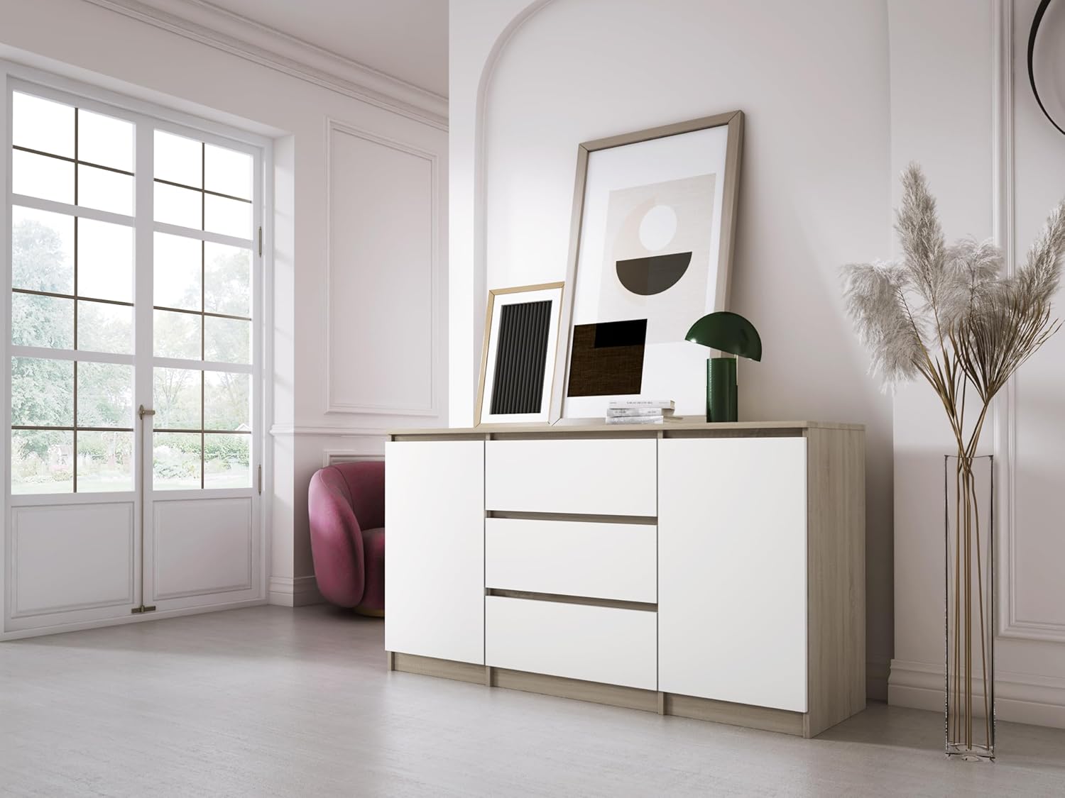 COMODA OSLO  3 CAJONES 2 PUERTAS COLOR BLANCO ROBLE 140CM - 1