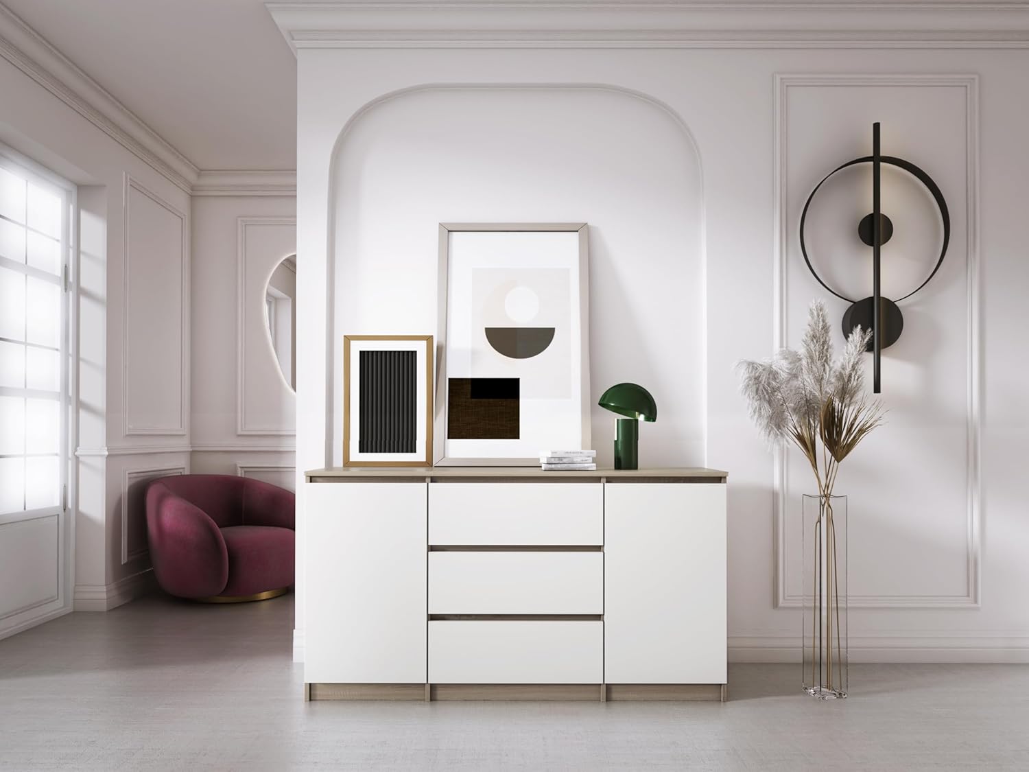 COMODA OSLO  3 CAJONES 2 PUERTAS COLOR BLANCO ROBLE 140CM - 2