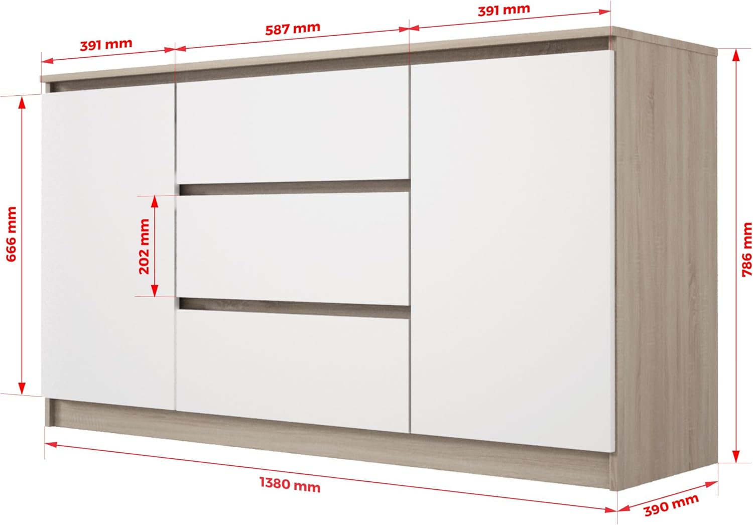 COMODA OSLO  3 CAJONES 2 PUERTAS COLOR BLANCO ROBLE 140CM - 4