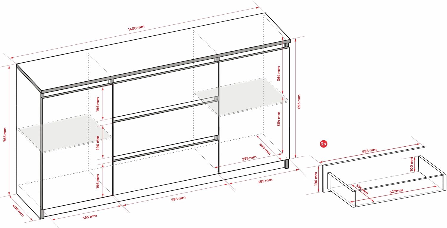 COMODA OSLO  3 CAJONES 2 PUERTAS COLOR BLANCO ROBLE 140CM - 5