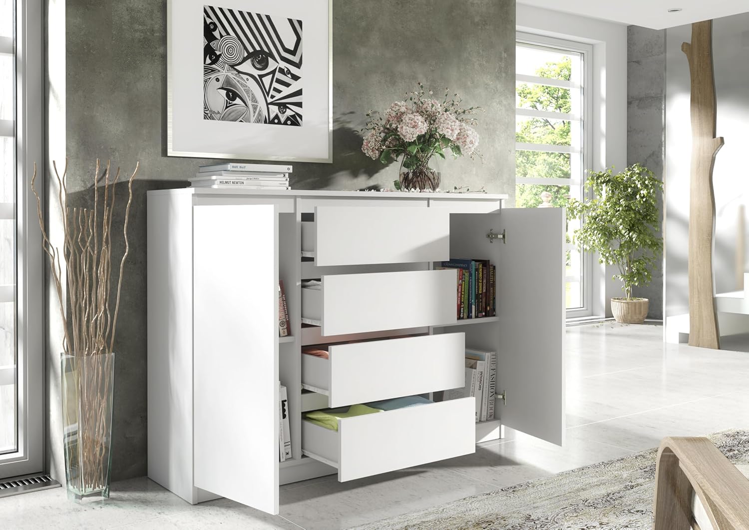 COMODA OSLO  4 CAJONES 2 PUERTAS COLOR  BLANCO 140CM - 4