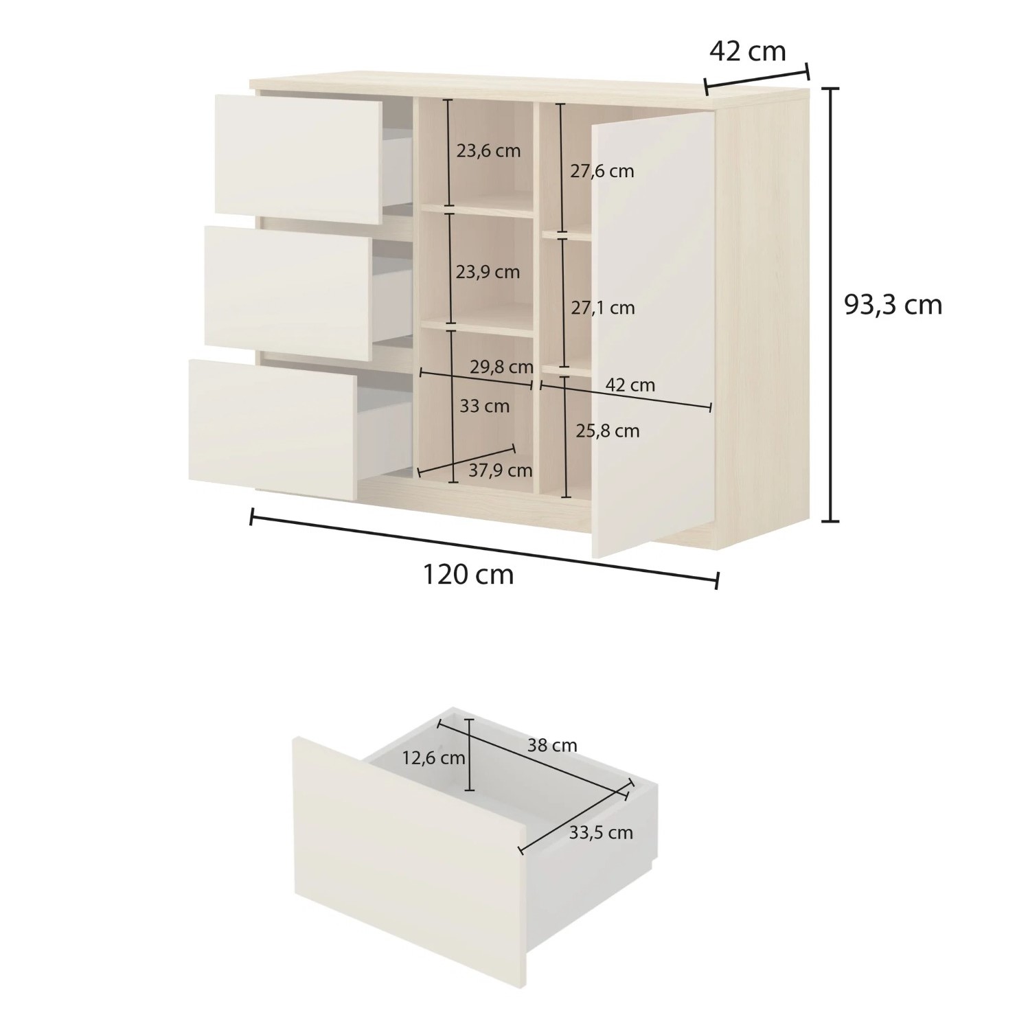COMODA NEVADA 3 CAJONES ESTANTES 1 PUERTA BLANCO AGAVE 120CM - 8