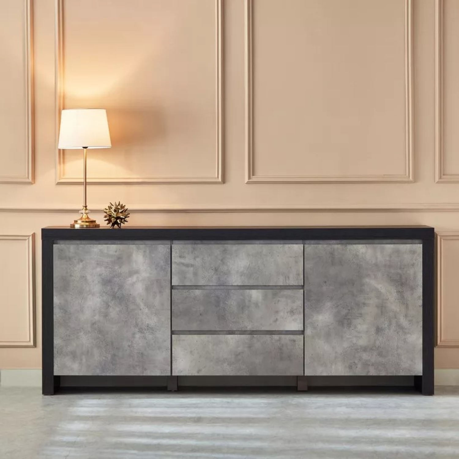 APARADOR MIXUR 2 PUERTAS 3 CAJONES NEGRO ROBLE Y CEMENTO 200X85C - 1