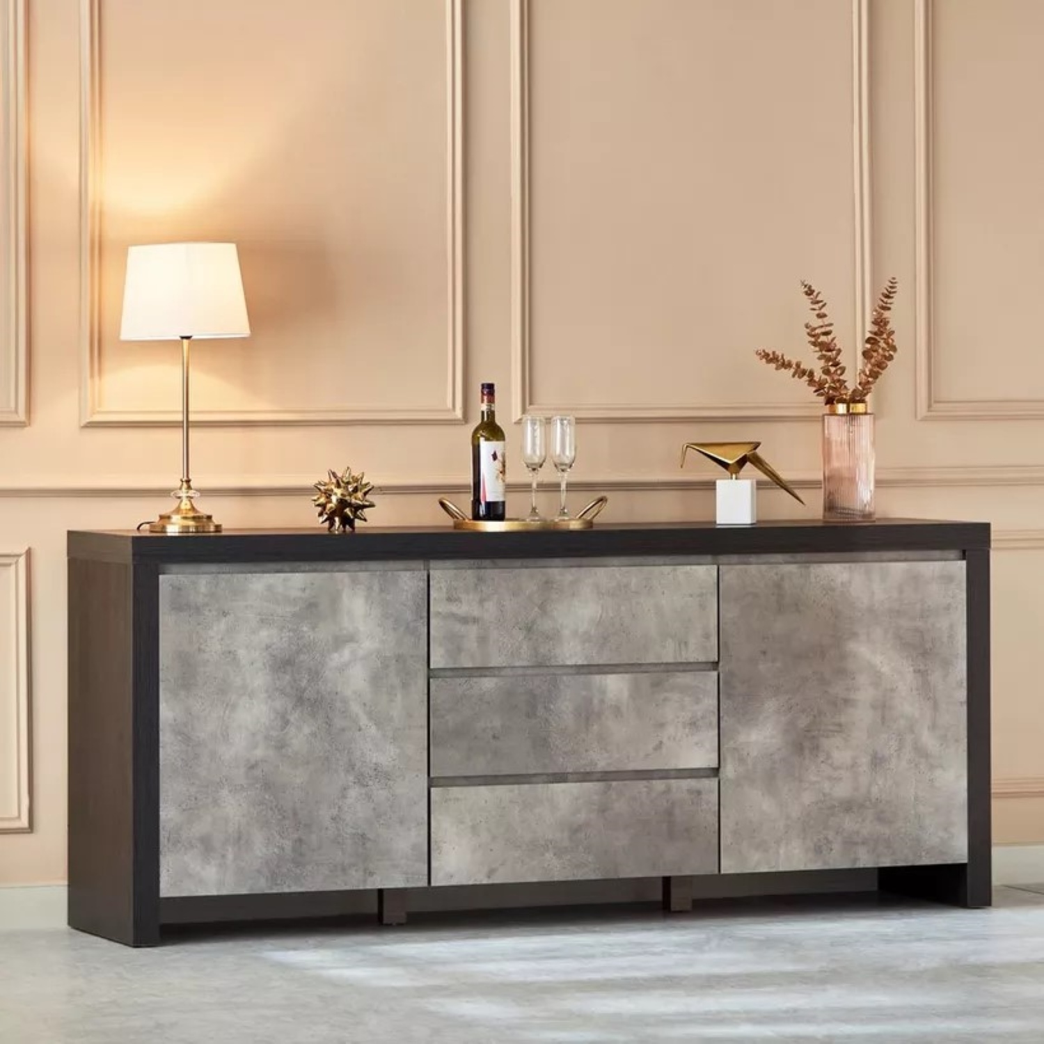 APARADOR MIXUR 2 PUERTAS 3 CAJONES NEGRO ROBLE Y CEMENTO 200X85C - 3