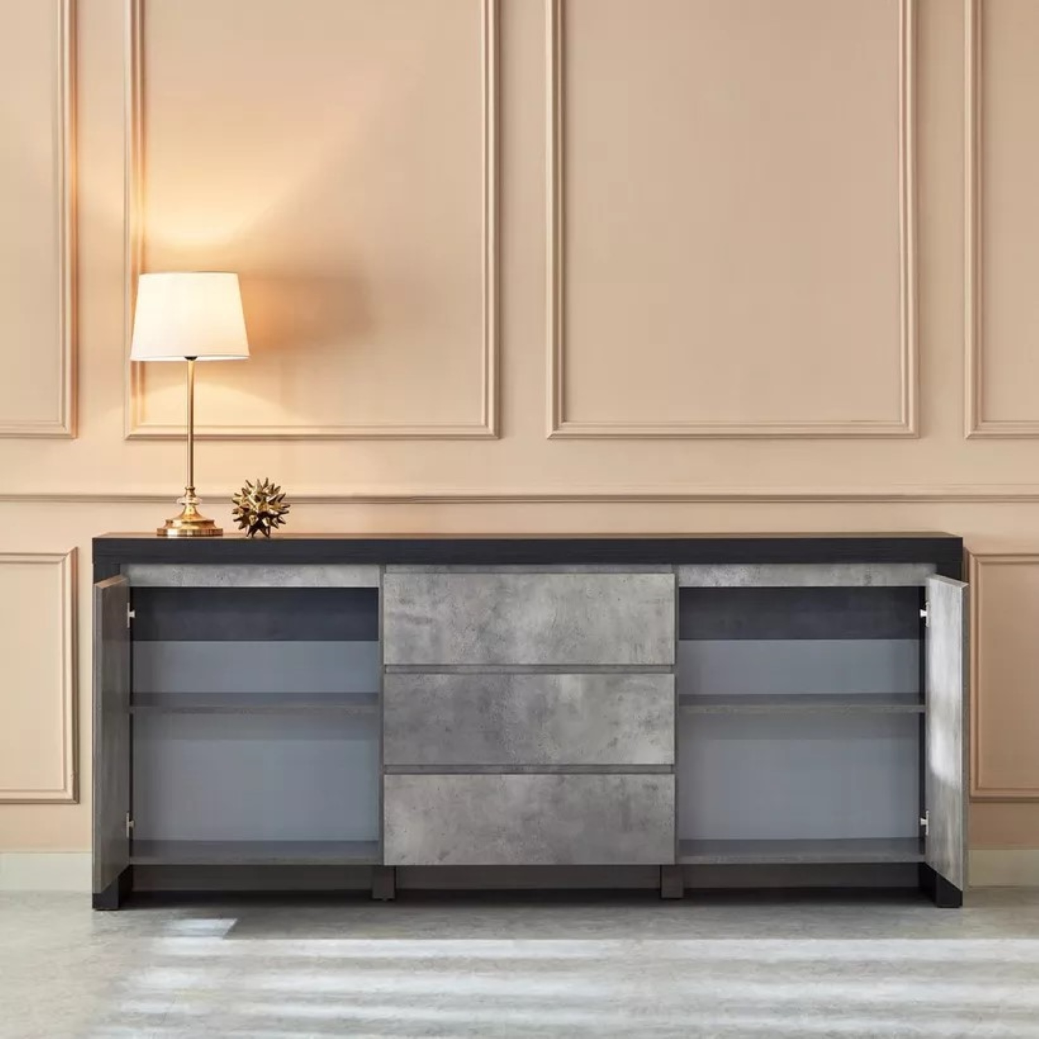APARADOR MIXUR 2 PUERTAS 3 CAJONES NEGRO ROBLE Y CEMENTO 200X85C - 4