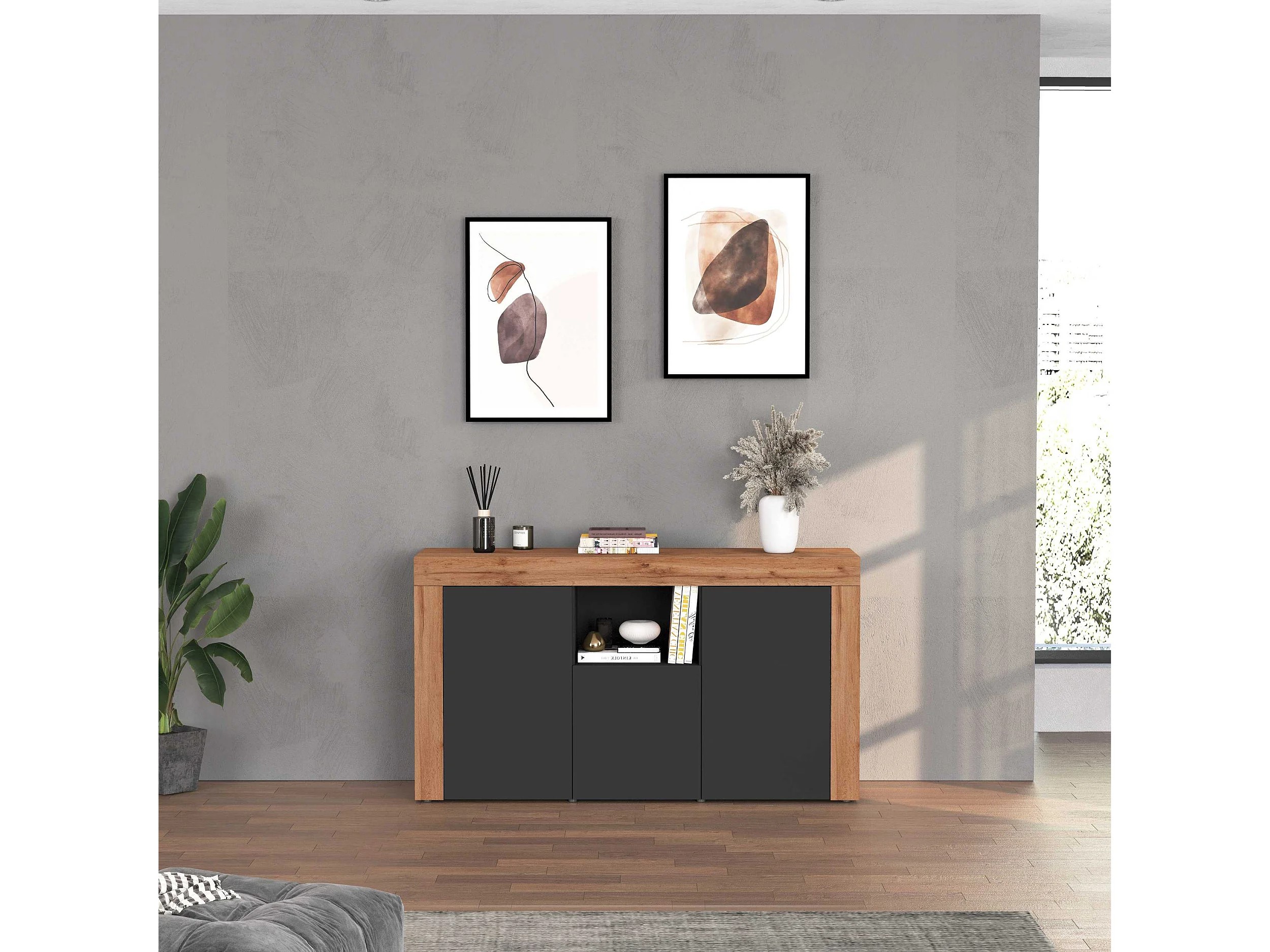 APARADOR CANDRE 3 PUERTAS 1 ESTANTES ROBLE GRAFITO 155CM - 1