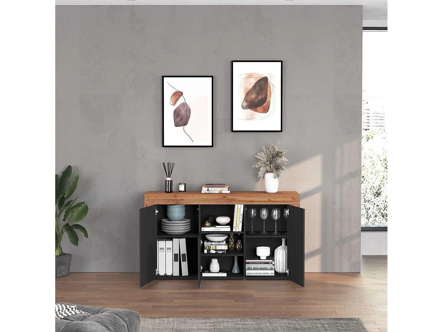 APARADOR CANDRE 3 PUERTAS 1 ESTANTES ROBLE GRAFITO 155CM - 2