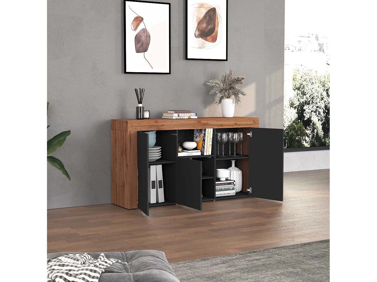 APARADOR CANDRE 3 PUERTAS 1 ESTANTES ROBLE GRAFITO 155CM - 4