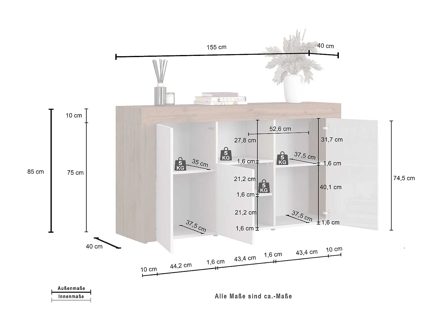 APARADOR CANDRE 3 PUERTAS 1 ESTANTES ROBLE GRAFITO 155CM - 8