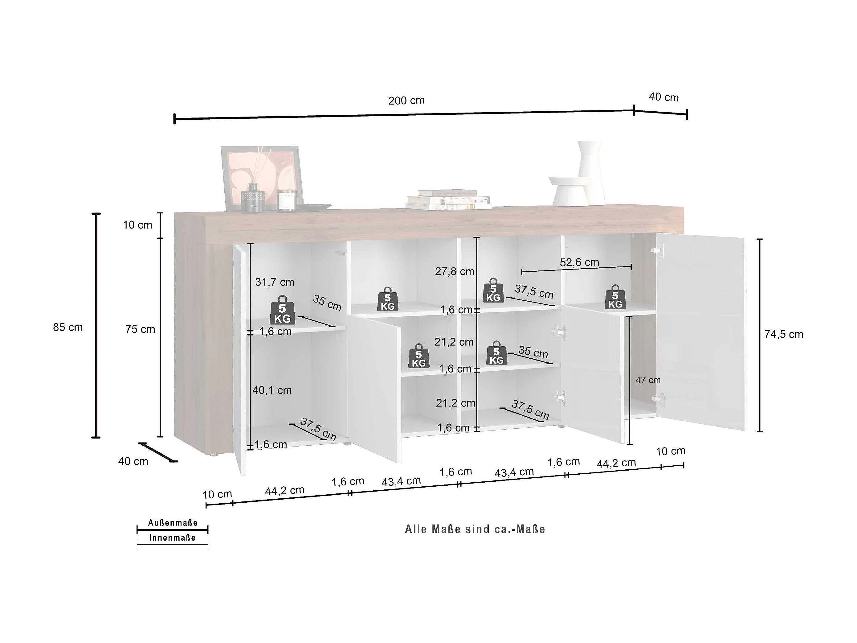 APARADOR CANDRE 4 PUERTAS 2 ESTANTES ROBLE AGAVE 200CM - 8