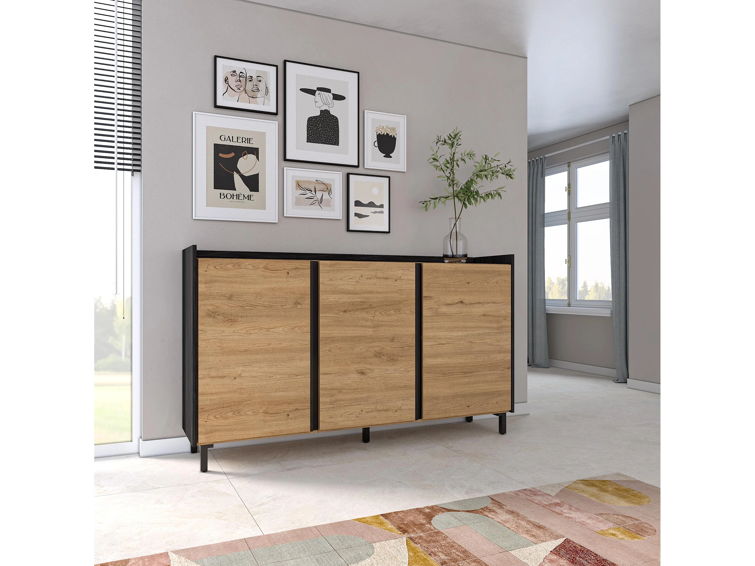 APARADOR ARABIA 3 PUERTAS 4 ESTANTES ROBLE NEGRO 156CM - 1