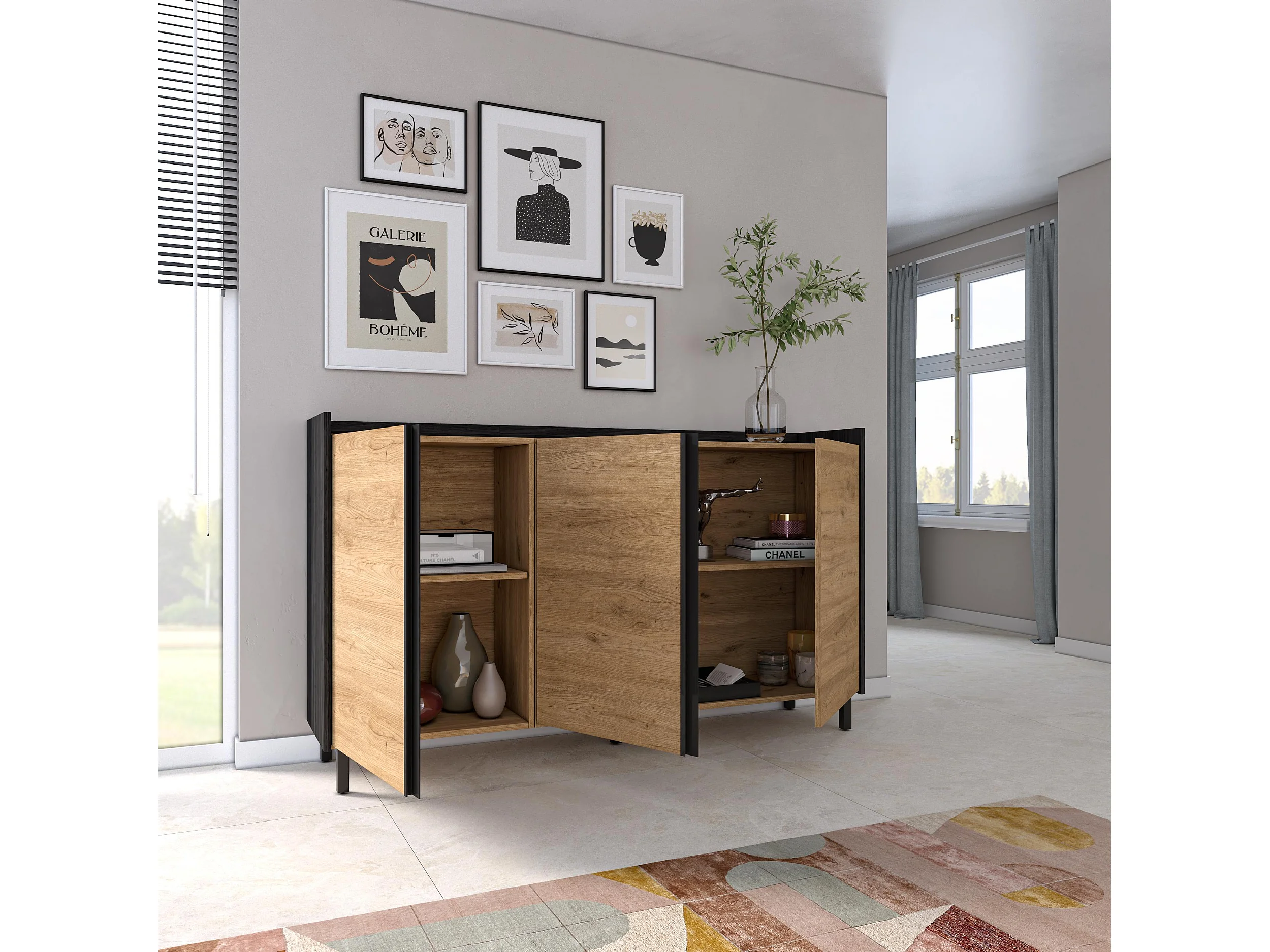 APARADOR ARABIA 3 PUERTAS 4 ESTANTES ROBLE NEGRO 156CM - 2
