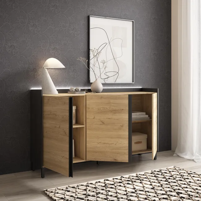 APARADOR ARABIA 3 PUERTAS 4 ESTANTES ROBLE NEGRO 156CM - 5