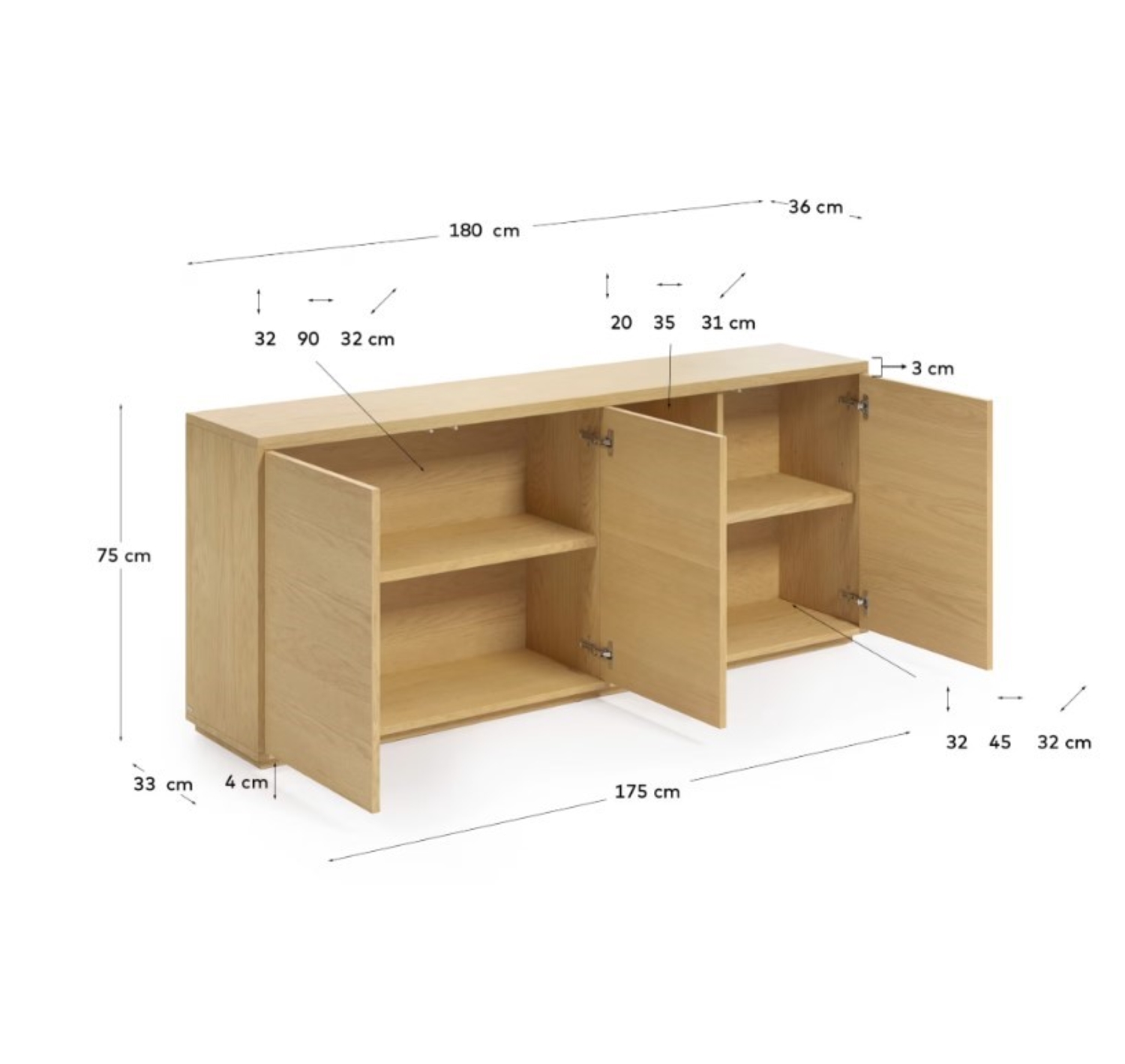 APARADOR NERUM 3 PUERTAS Y ESTANTES ROBLE CLARO 180CM - 9