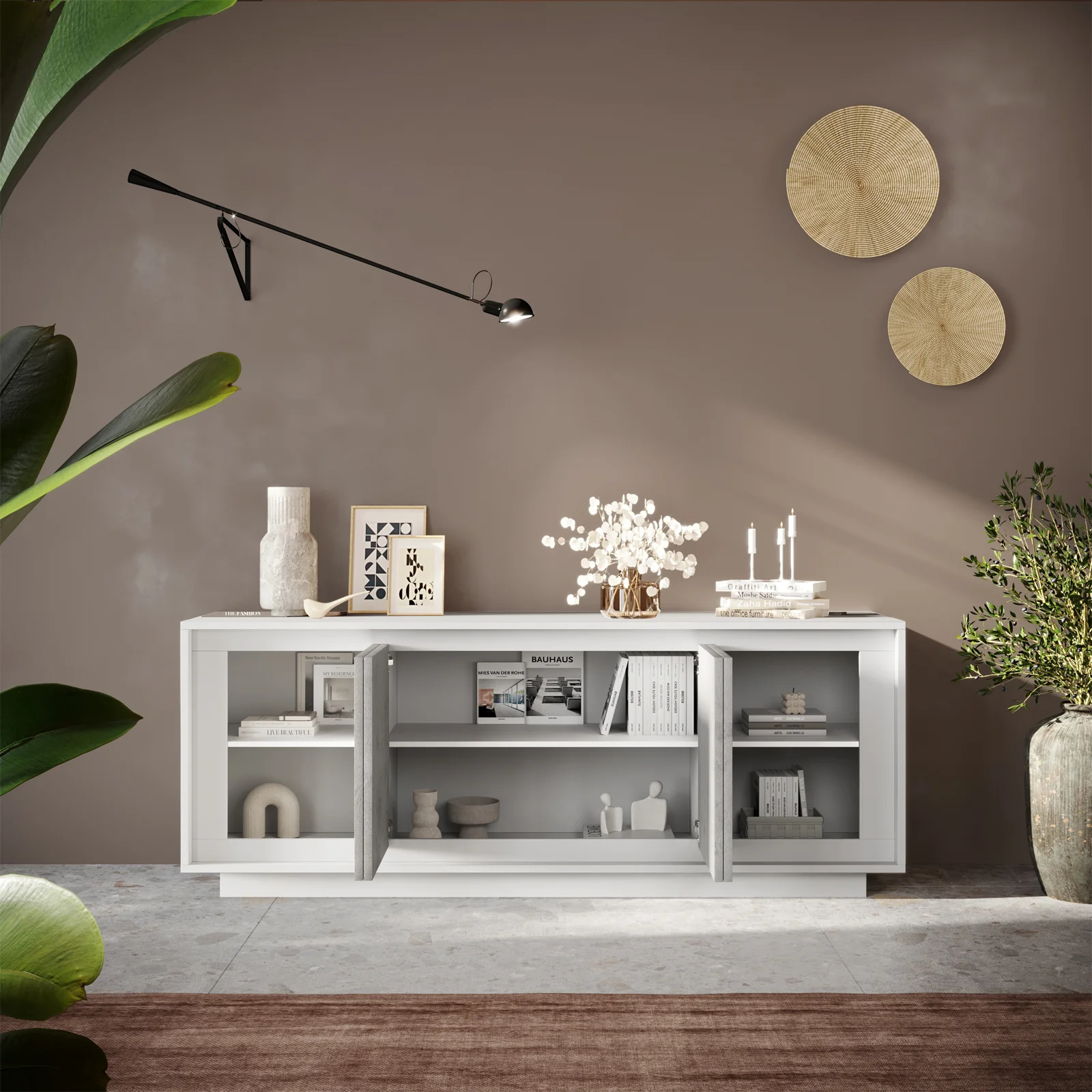 APARADOR MILORD 4 PUERTAS ESTANTES BLANCO CEMENTO 205CM - 2
