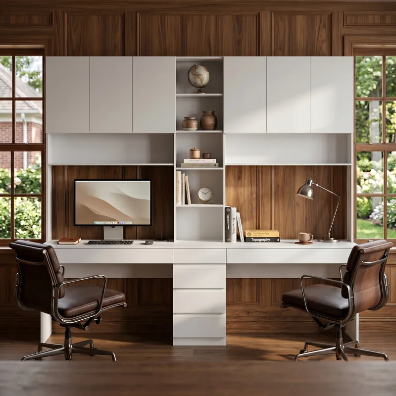 ESCRITORIO DOBLE CASHEL 6 CAJONES CON ESTANTE ALTO BLANCO 240CM - 1