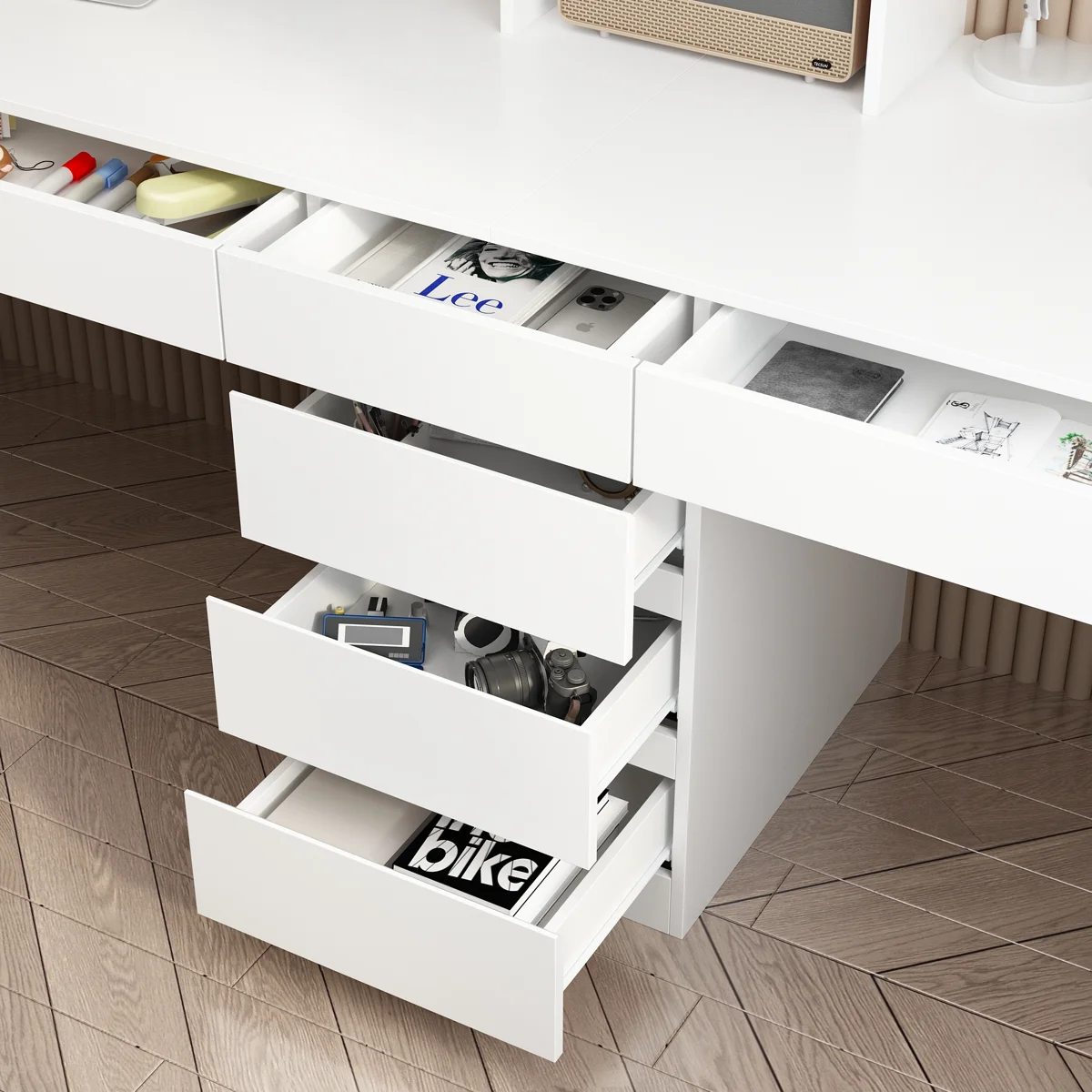ESCRITORIO DOBLE CASHEL 6 CAJONES CON ESTANTE ALTO BLANCO 240CM - 5