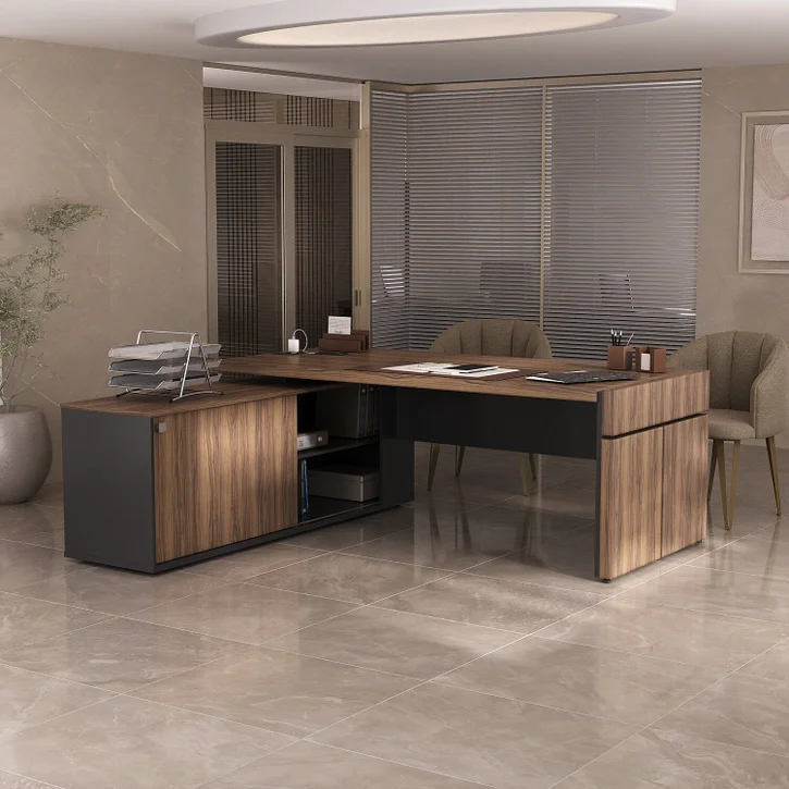 ESCRITORIO EJECUTIVO EN L GOREY DE OFICINA CON GABINETE ROBLE 202CM - 1
