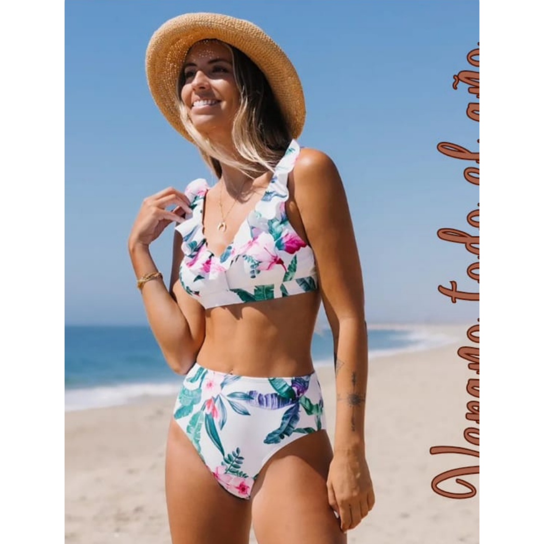 PUERTO MELÓN | BIKINI TIRO ALTO BLANCO CON ESTAMPADO FLORAL - INCLUYE COPA Y FORRO INTERNO - 1