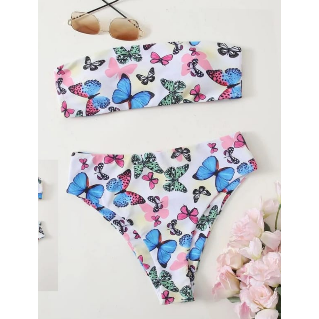 PUERTO MELÓN | BIKINI BLANCO ESTAMPADO DE MARIPOSAS CON COPA Y FORRO - 1