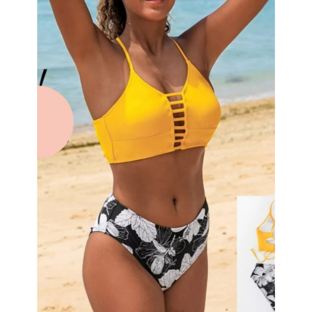 PUERTO MELÓN | BIKINI TRUZA NEGRA CON TOP AMARRILLO Y TIRAS REGULABLES - INCLUYE COPA Y FORRO INTERNO - 1