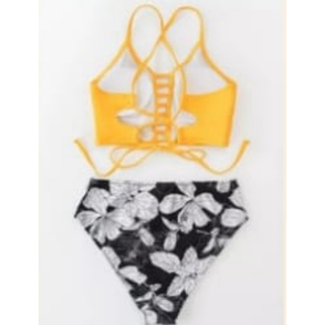 PUERTO MELÓN | BIKINI TRUZA NEGRA CON TOP AMARRILLO Y TIRAS REGULABLES - INCLUYE COPA Y FORRO INTERNO - 2